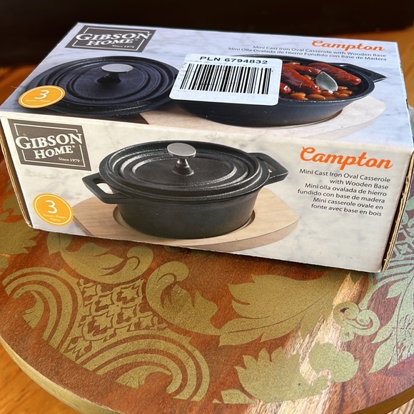 Gibson Home Campton 3 piece Mini Cast Iron Oval Casserole with Wooden Base - NIB - Picture 3 of 16